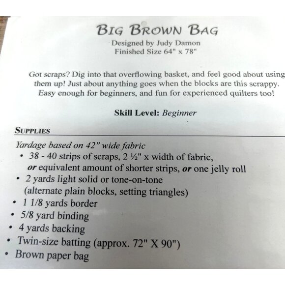 RARE Big Brown Bag Quilt Pattern By Judabelle Quilts Finished Size 64" X 78" Beg - Picture 3 of 3